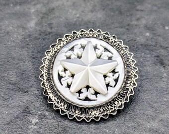 Vintage Sterling Silver Brooch Carved Mother of Pearl, MOP Shell Jewelry, Star Brooch