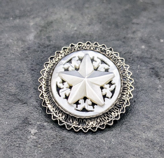 Vintage Sterling Silver Brooch Carved Mother of P… - image 1