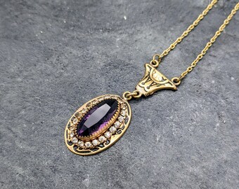 Art Deco Gold Brass Victorian Revival Pendant Necklace, Purple Amethyst Glass, 1930s Rhinestone Antique Jewelry, Vintage Amethyst Necklace