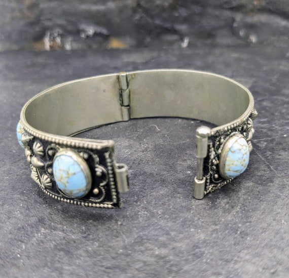 Vintage Bracelet Antique Silver Turquoise Blue Gl… - image 6