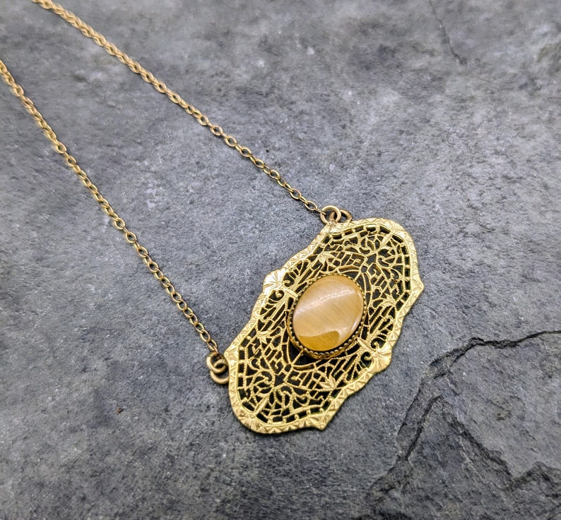 Gold Filigree Necklace, Tigers Eye Pendant Necklace, Vintage Tigers Eye Jewelry, Gold Filled Art Deco Necklace image 2