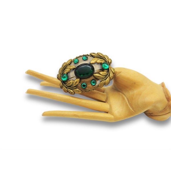 Art Deco Brooch Gold Brass Emerald Green Glass Stones HUGE Vintage 1930s Art Deco Jewelry