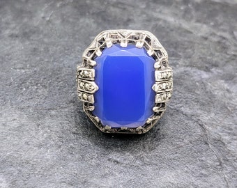 Antique Sterling Silver Ring Art Deco Filigree Blue Chaceldony Ring 1920s Art Deco Jewelry, Blue Gemstone Jewelry, Marcasite Size 5 1/2