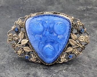 Art Deco Molded Glass and Brass Brooch, Cerulean Blue Roses, Vintage Flower Jewelry, Azure Rhinestones 1930 Art Deco Jewelry