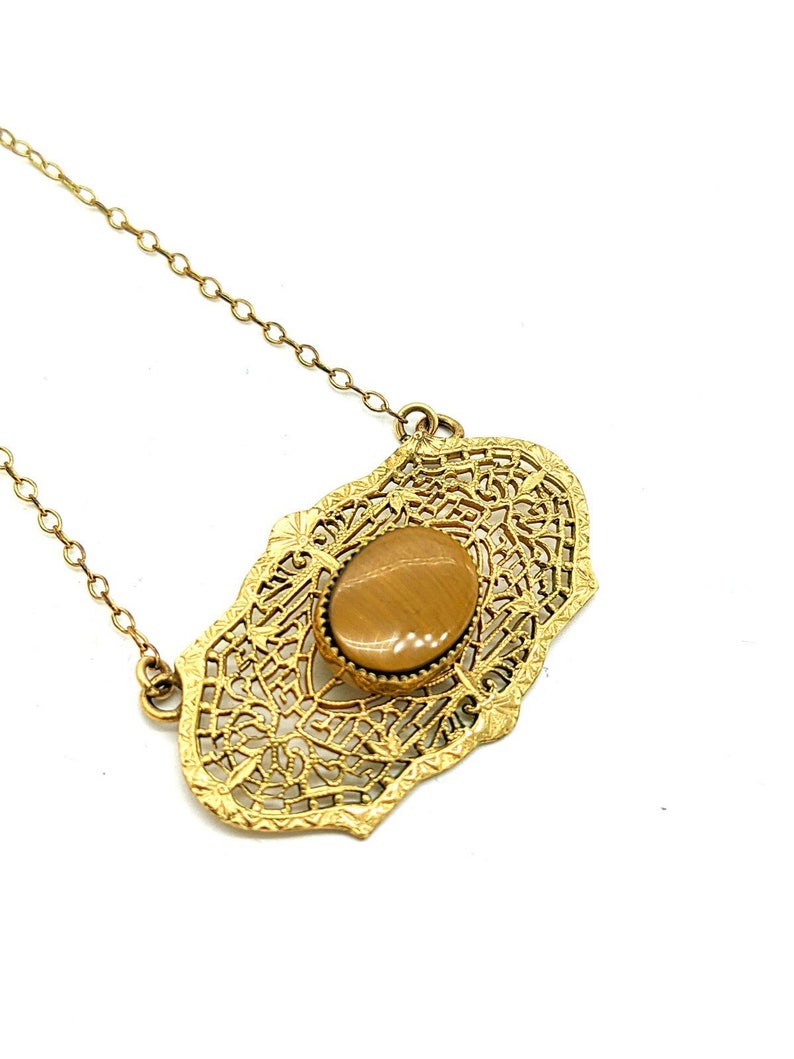 Gold Filigree Necklace, Tigers Eye Pendant Necklace, Vintage Tigers Eye Jewelry, Gold Filled Art Deco Necklace image 5