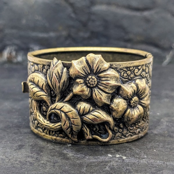 Wide Gold Brass Bracelet Bangle Victorian Revival Art Nouveau Flower Bangle Chunky Cuff 1940s Statement Jewelry