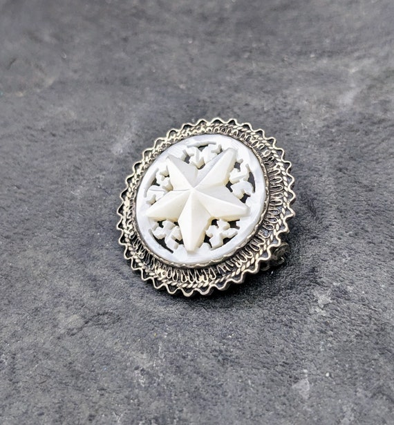 Vintage Sterling Silver Brooch Carved Mother of P… - image 4