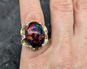 Vintage Sterling Silver Ring Dragons Breath Glass Jelly Opal Ring Blue Green 1960's Sanchez Silver Size 6 RingsJewelry