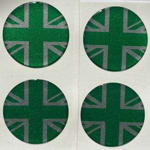 Pegatinas abovedadas para tapas centrales de llantas de aleación con la bandera británica (x4) Mini Land Range Rover verde plata