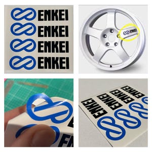 Puede incluir: Un collage de imágenes con pegatinas Enkei y una rueda. Las pegatinas tienen un símbolo de infinito azul y la palabra "ENKEI" en negro. Una imagen muestra una rueda con una pegatina Enkei. Las pegatinas están sobre un fondo blanco.
