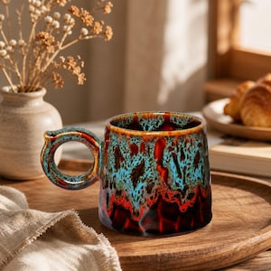 Puede incluir: Una taza de cerámica con un diseño de asa único. La taza presenta una mezcla de colores, incluyendo rojo, azul y marrón, creando una apariencia texturizada y vidriada. La taza está colocada sobre una bandeja de madera, sugiriendo un ambiente de cocina o comedor.