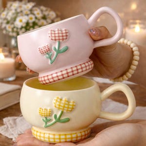 Checkered Tulip Ceramic Mug, 3D Embossed Flower Coffee Cup, 350ml Gingham Pottery, Aesthetic Chubby Mug, Pink Yellow Tea Cup, Gift for Her.