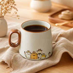 May include: Cream-colored ceramic mug filled with dark liquid, featuring a brown handle and rim. The mug is decorated with a line of cartoon cats. The mug sits on a beige cloth, with other items in the background.