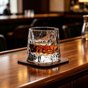 May include: A clear, textured whiskey glass filled with amber liquid, resting on a square brown leather coaster. The glass sits on a polished wooden bar, with a blurred background of a bar setting.