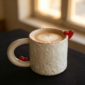 Handmade Ceramic Heart Mug, Unique Valentine's Day Gift for Her, Aesthetic Pottery Coffee Cup with Red Hearts, Cute Romantic Anniversary Mug