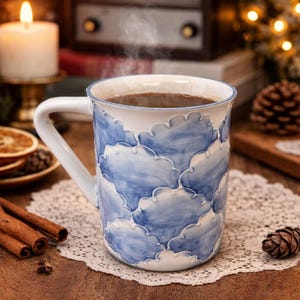 Pode incluir: Uma caneca de cerâmica cheia de uma bebida quente, com um padrão de nuvens azuis e brancas. A caneca tem uma alça e uma borda brancas. O vapor sobe da bebida, sugerindo calor. A caneca está sobre uma toalha de renda, com paus de canela e uma vela ao fundo.