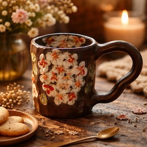 May include: A brown ceramic mug decorated with white and red floral patterns and green leaves. The mug has a curved handle. It sits on a wooden surface, alongside cookies and a spoon.