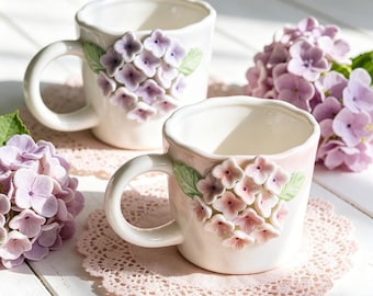 Handmade Hydrangea Ceramic Mug, 3D Floral Coffee Cup, Cottagecore Pottery Tea Mug, Cute Pastel Flower Cup, Gift for Her,  Spring Mug.