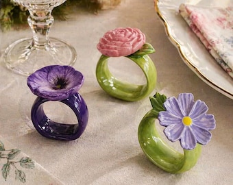 Hand-Painted Floral Ceramic Napkin Rings, 3D Flower Napkin Holders, Spring Table Decor, Unique Wedding Tablescape, Elegant Table Accessories