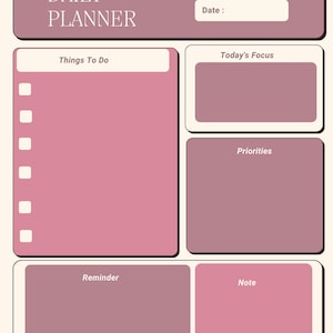 Puede incluir: Un planificador diario en tonos malva y crema. La sección superior muestra "DAILY PLANNER" y un espacio para la fecha. Incluye secciones para "Things To Do", "Today's Focus", "Priorities", "Reminder" y "Note".