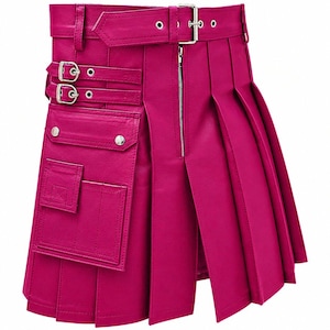 Pink Leather Scottish kilt Pleated Utility Kilt for Men Gothic Punk Adjustable Belted Skirt