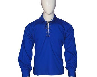 Handmade Royal Blue Ghillie Shirt - Scottish Jacobite Style