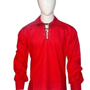 Red Jacobite Ghillie Kilt Shirt, traditional Scottish design, breathable fabric, perfect for Highland events, weddings, and authentic Scottish outfits.