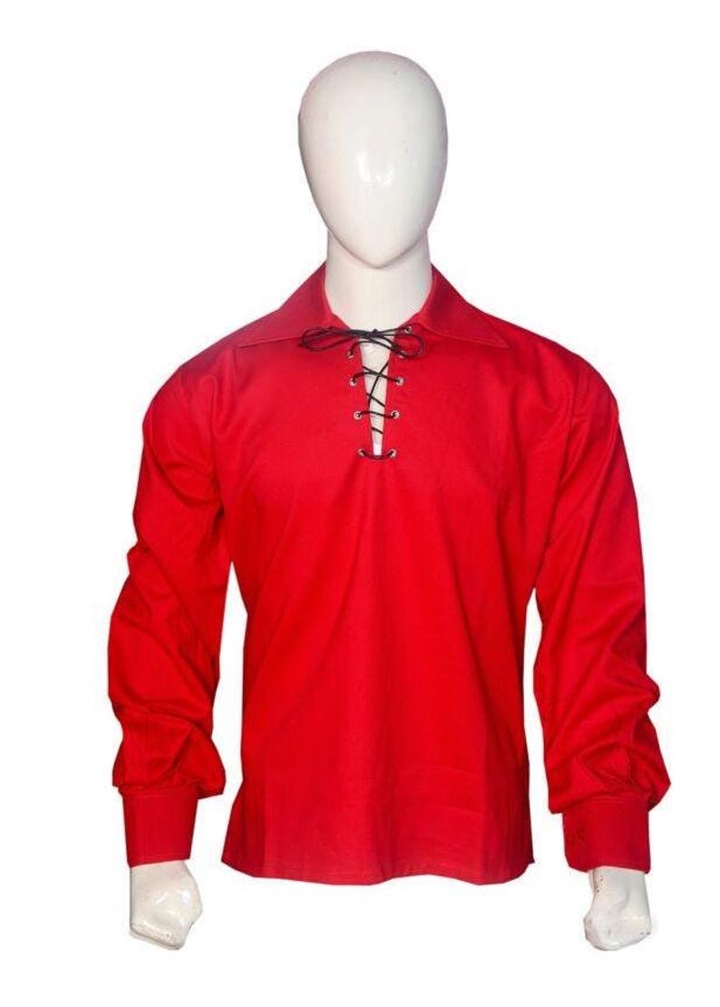 Red Jacobite Ghillie Kilt Shirt, traditional Scottish design, breathable fabric, perfect for Highland events, weddings, and authentic Scottish outfits.