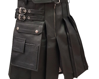 Kilt en cuir écossais gothique utilitaire noir plissé hommes femmes punk ceinture réglable tenue de festival