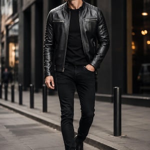 Könnte beinhalten: Eine schwarze Lederjacke mit gesteppten Schulterpartien und silbernen Reißverschlusstaschen, getragen über einem schlichten schwarzen T-Shirt, kombiniert mit einer schmal geschnittenen schwarzen Jeans und schwarzen Lederstiefeln sowie einer dunklen Sonnenbrille.