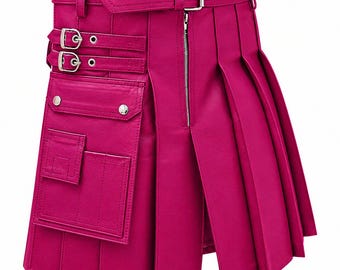 Falda escocesa plisada de cuero rosa para hombre, estilo gótico punk, con cinturón ajustable.