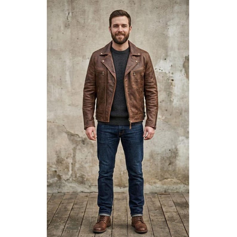 May include: A brown leather jacket with a zip fastening, worn over a dark grey jumper and blue jeans. The jacket has a classic biker style with a notched collar and shoulder epaulettes. The person is wearing brown leather boots.
