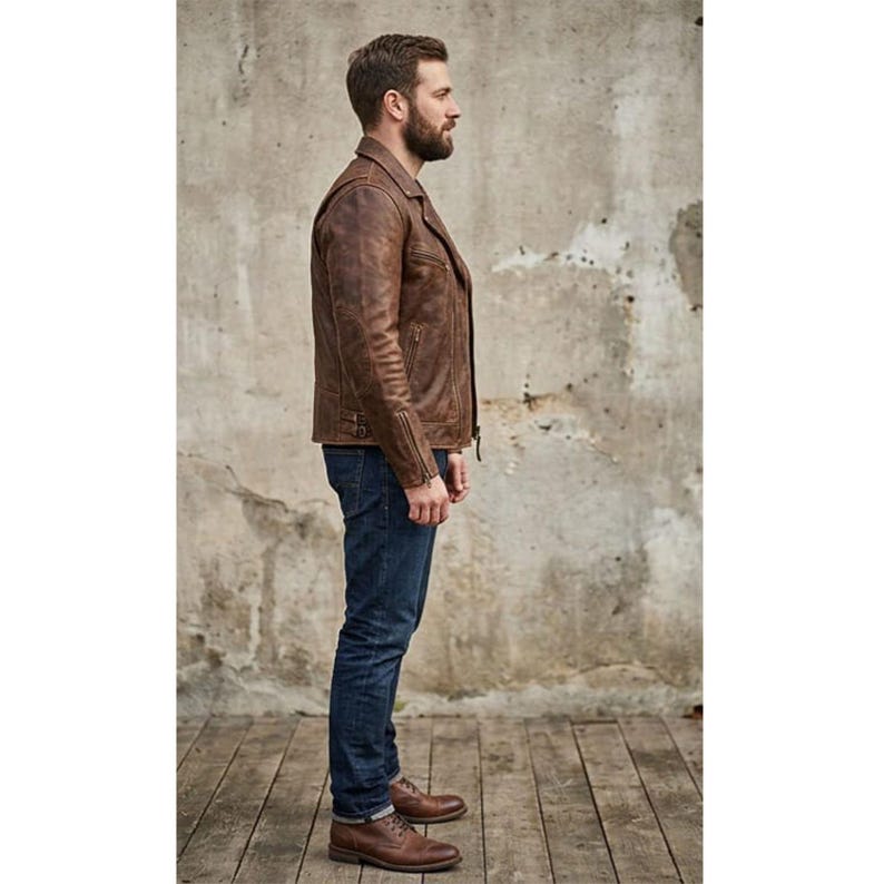 K&ouml;nnte beinhalten: Braune Lederjacke mit klassischem Design, mit Reverskragen, Rei&szlig;verschluss und mehreren Taschen. Die Jacke wird mit blauen Jeans und braunen Lederschuhen kombiniert. Das Outfit wird vor einem neutralen Hintergrund pr&auml;sentiert.