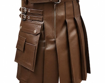 Kilt in pelle marrone da uomo, kilt utility plissettato gotico punk con cintura, gonna alla moda fatta a mano, elegante