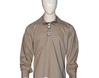 Camicia ghillie giacobita color cachi fatta a mano, abbigliamento per festival delle Highlands scozzesi