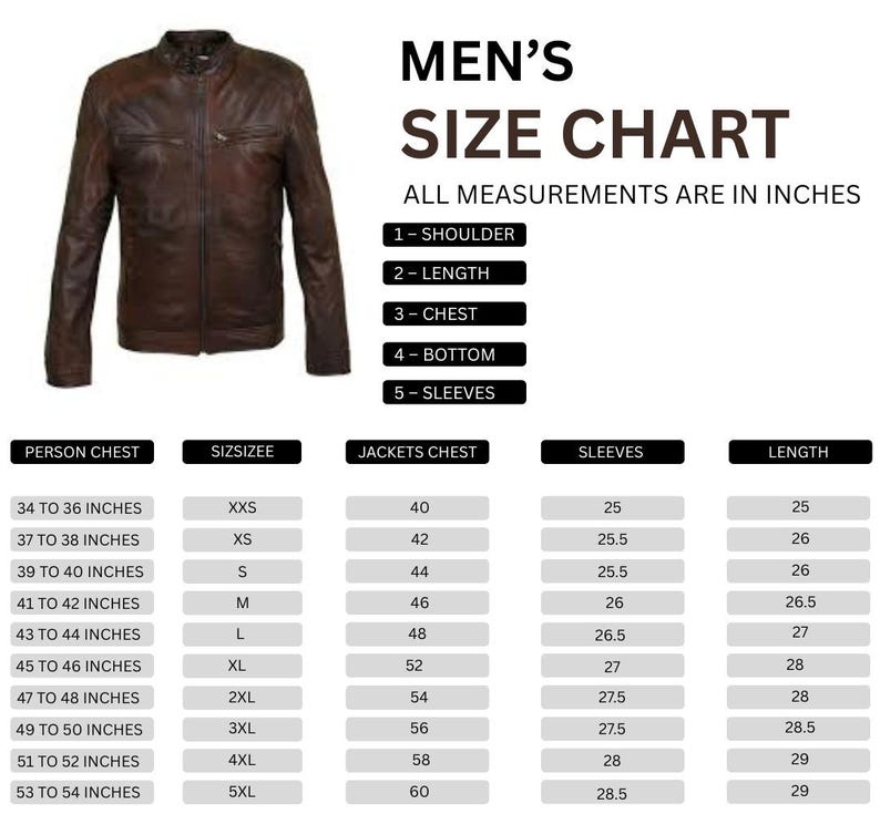 K&ouml;nnte beinhalten: Braune Lederjacke mit Rei&szlig;verschluss und Stehkragen. Das Bild enth&auml;lt eine Gr&ouml;&szlig;entabelle mit Ma&szlig;en in Zoll f&uuml;r Brust, &Auml;rmel und L&auml;nge. Der Text lautet "MEN'S SIZE CHART".