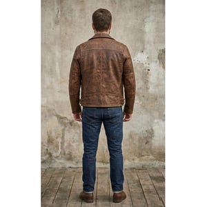 K&ouml;nnte beinhalten: Braune Lederjacke mit klassischem Design, mit Reverskragen, Schulterdetails und G&uuml;rtel in der Taille. Die Jacke wird mit blauen Jeans und braunen Stiefeln kombiniert. Das Model steht mit dem R&uuml;cken zur Kamera.