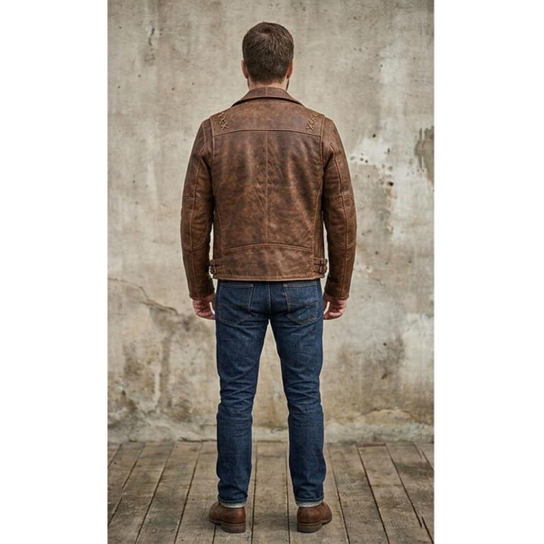 K&ouml;nnte beinhalten: Braune Lederjacke mit klassischem Design, mit Reverskragen, Schulterdetails und G&uuml;rtel in der Taille. Die Jacke wird mit blauen Jeans und braunen Stiefeln kombiniert. Das Model steht mit dem R&uuml;cken zur Kamera.