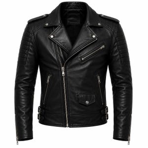 Könnte beinhalten: Eine schwarze Motorradjacke aus Leder mit asymmetrischem Frontreißverschluss, Reverskragen mit silbernen Druckknöpfen, Reißverschlusstaschen an Brust und Seiten, einer kleinen Pattentasche, gesteppten Schulterpartien und verstellbaren Seitenschnallen.