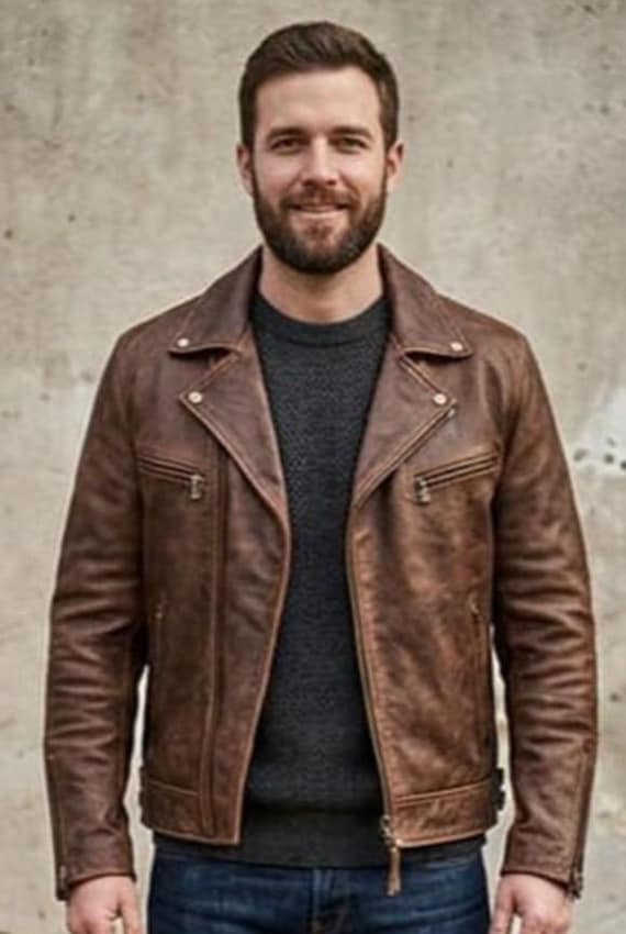 Classic Brown Leather Jacket Men – Slim Fit Motorcycle Jacket Timeless Fashion