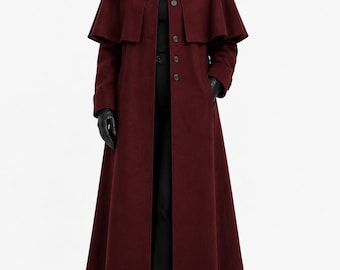 Burgundy Wool Cape Coat: Victorian Gothic Steampunk Long Jacket