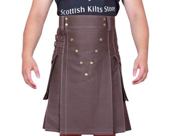 Kilt utilitario de algodón marrón hecho a mano / Kilt de trabajo escocés, bolsillos cargo