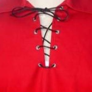 Red Jacobite Ghillie Kilt Shirt, close-up of leather string detail, traditional Scottish design, perfect for Highland events, weddings, and festive outfits.