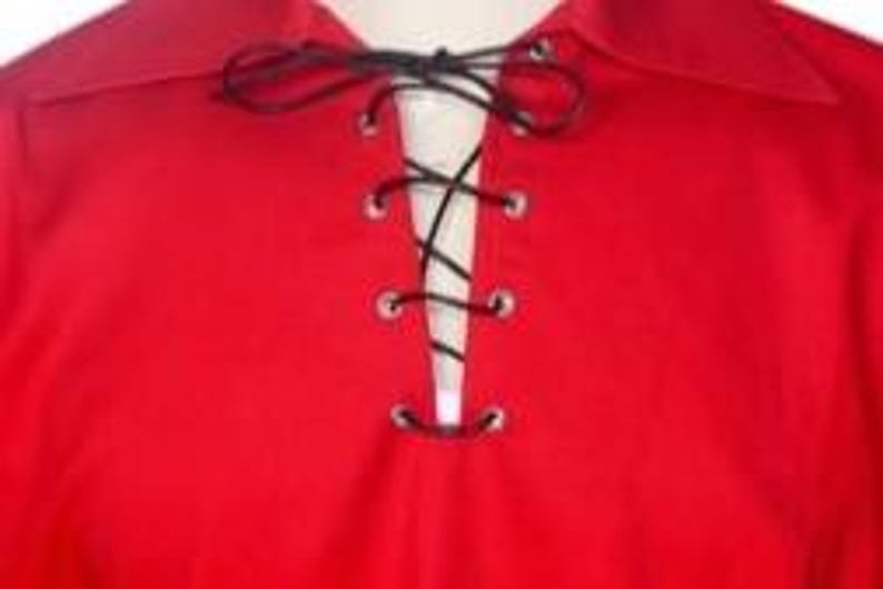 Red Jacobite Ghillie Kilt Shirt, close-up of leather string detail, traditional Scottish design, perfect for Highland events, weddings, and festive outfits.
