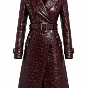 May include: A long, deep burgundy trench coat featuring a textured crocodile-embossed pattern. The coat includes a notched lapel, an asymmetrical front zip closure, a waist belt with a buckle, and adjustable buckled straps on the cuffs.