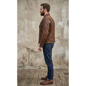 K&ouml;nnte beinhalten: Braune Lederjacke mit klassischem Design, mit Reverskragen, Rei&szlig;verschluss und mehreren Taschen. Die Jacke wird mit blauen Jeans und braunen Lederschuhen kombiniert. Das Model steht auf einem Holzboden.