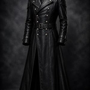 Op de afbeelding: Een lange zwarte leren trenchcoat met een dubbele rij metalen knopen, een hoge kraag, schouderkleppen en een bijpassende ceintuur met gesp. De jas heeft lange mouwen met gespen bij de manchetten en een gestructureerd ontwerp.