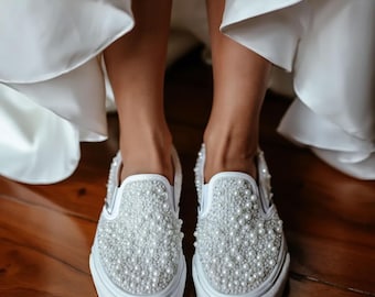 Custom Pearl Bridal Vans – Handmade Wedding Slip-On Sneakers