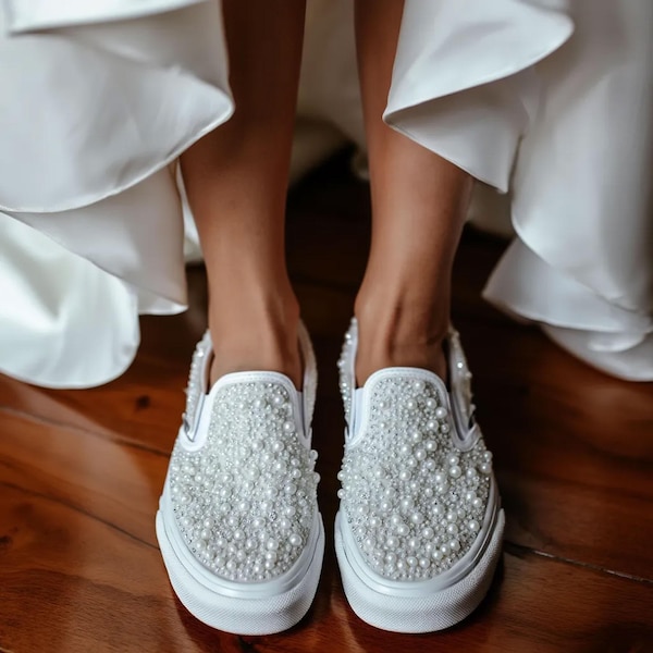 Vans de noiva personalizadas com pérolas – Tênis slip-on de casamento feitos à mão