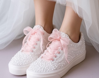 Vans nupciales personalizadas con perlas: zapatillas de plataforma para boda con lazo rosa